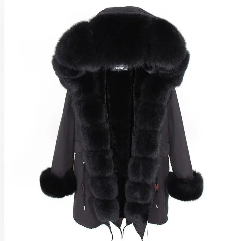 ✨Clearance Sale✨ Women's Parka Fox Fur Coats Real Fur Winter Long Black Park Cotton Thick Warm