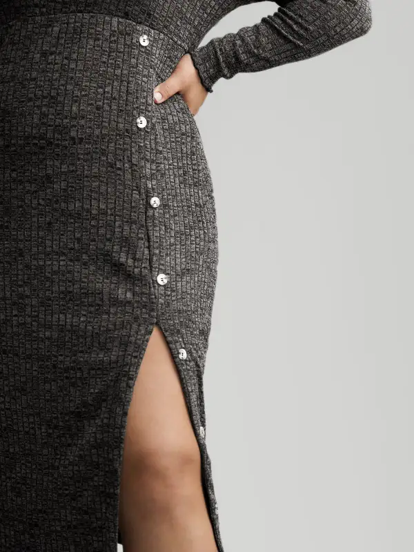 Crew Neck Button Detail Split Hem Dress
