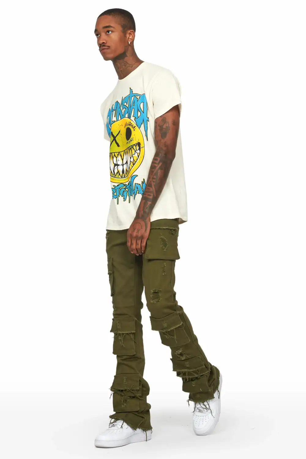 Zander Green Stacked Flare Cargo Jean