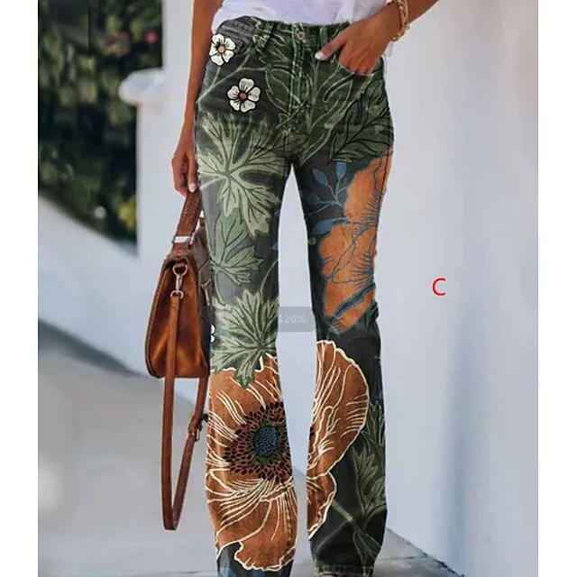 Women's Jeans Flared Pants Bell Bottom Full Length Faux Denim Side Pockets Print Micro-elastic Fashion Halloween Weekend Blue Red & White S M