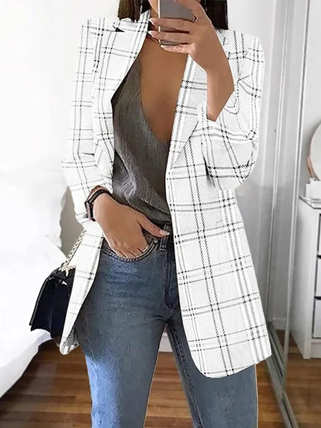 Shawl Collar Casual Plaid Polyester Cotton Blazer