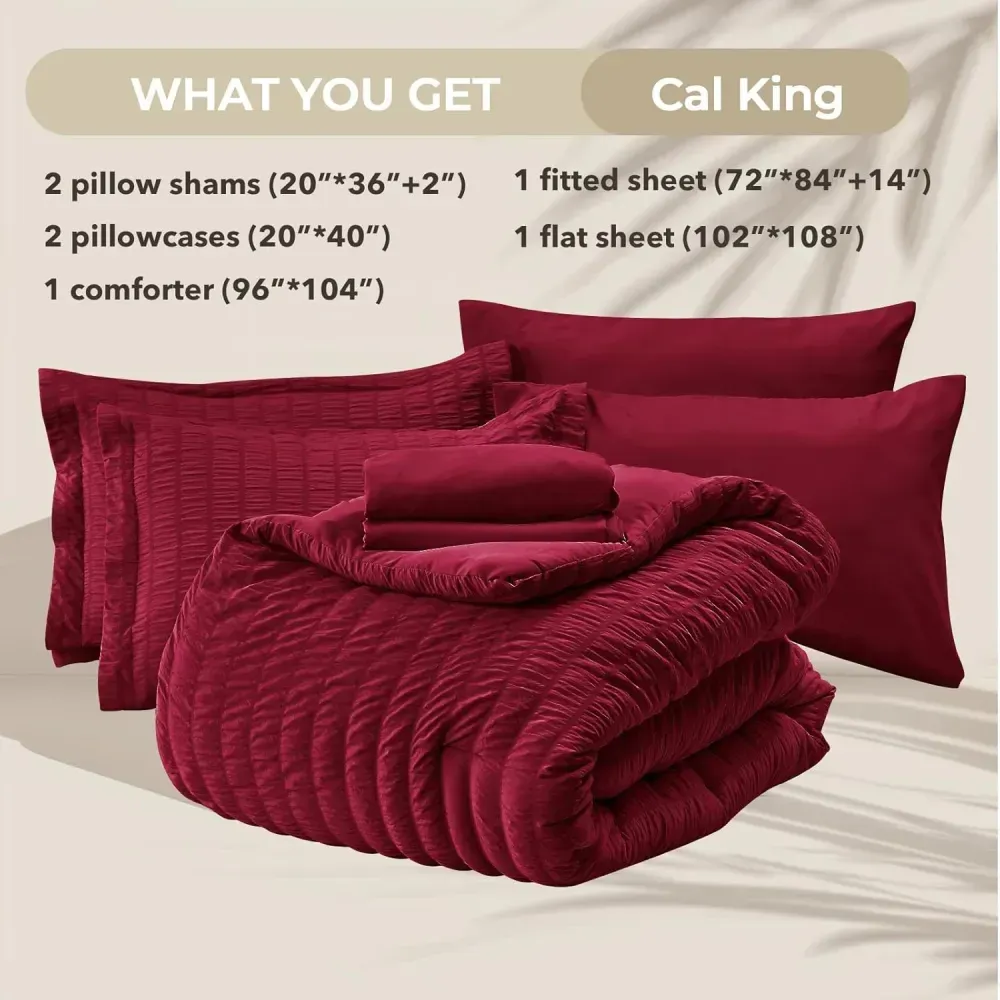 Queen Comforter Set Seersucker 7 Pieces, All Season Luxury Bed in a Bag for Bedroom, Bedding Set with Comforters, Sheets, Pillowcases & Shams, Dark Grey