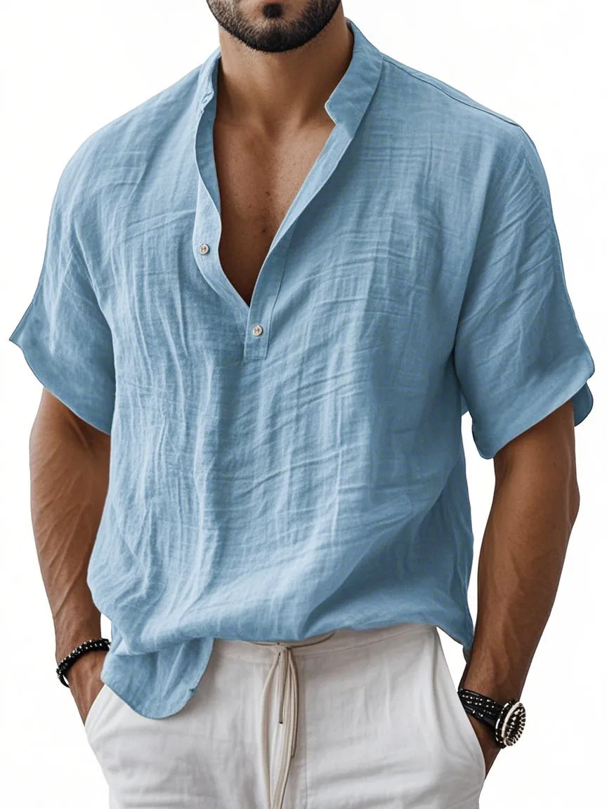 Men's Breathable Linen Henley Button Short Sleeve T-Shirt Henley Shirt