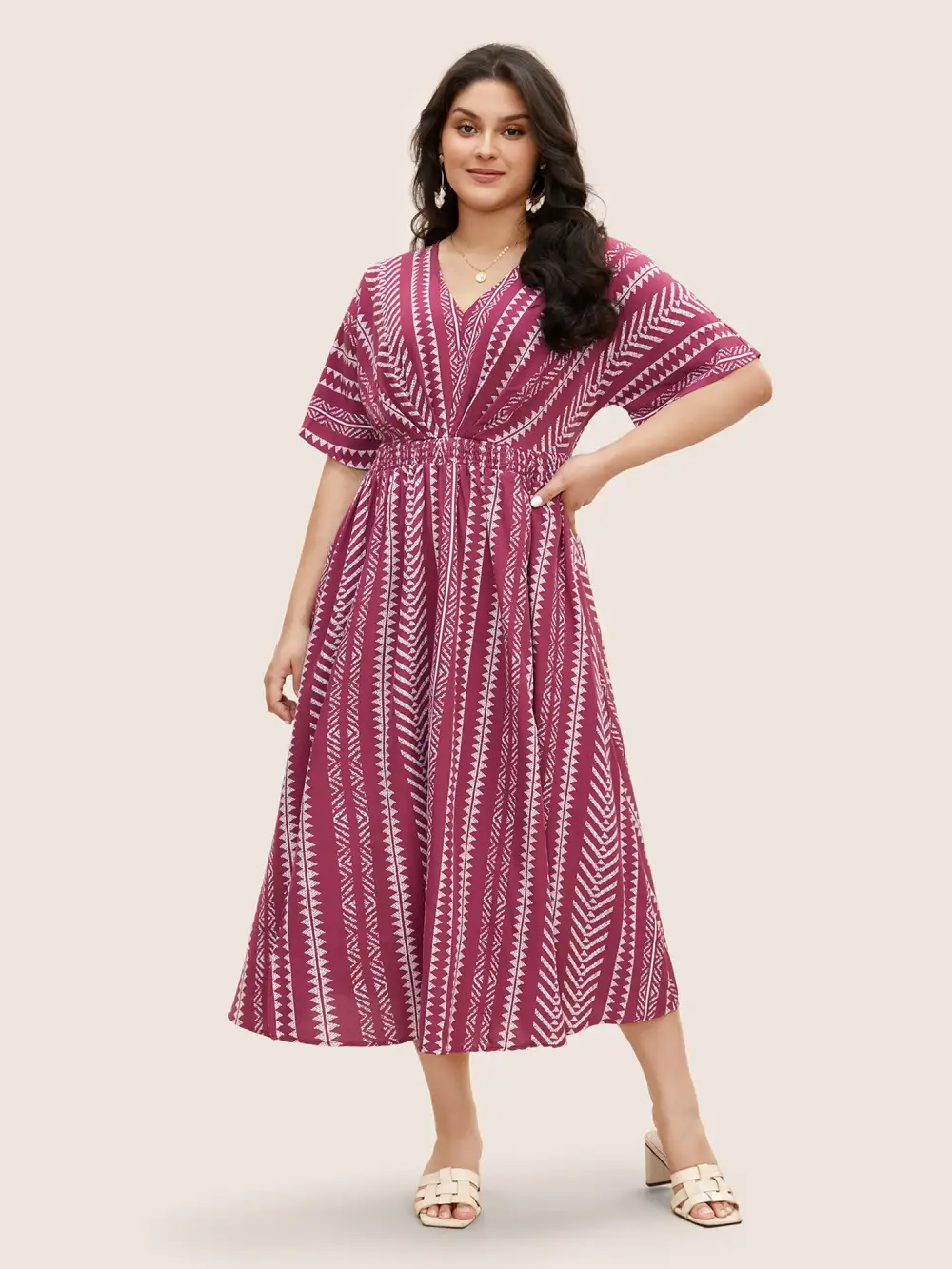 Solid Geometric Dolman Sleeve Pocket Shirred Split Hem Dress