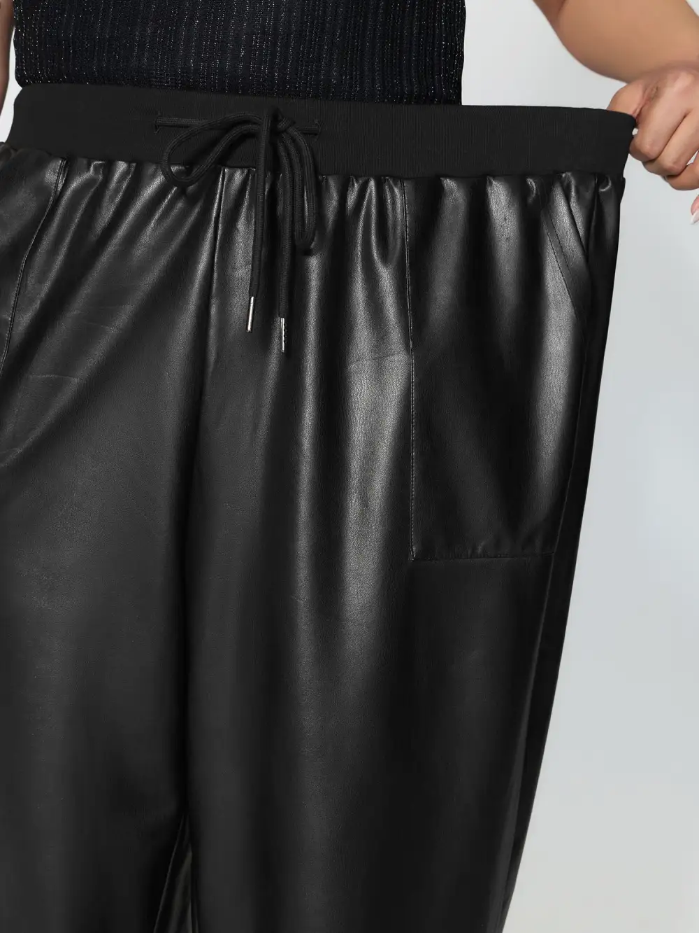 Ribbed Trim Spliced Leather Drawstring Pants