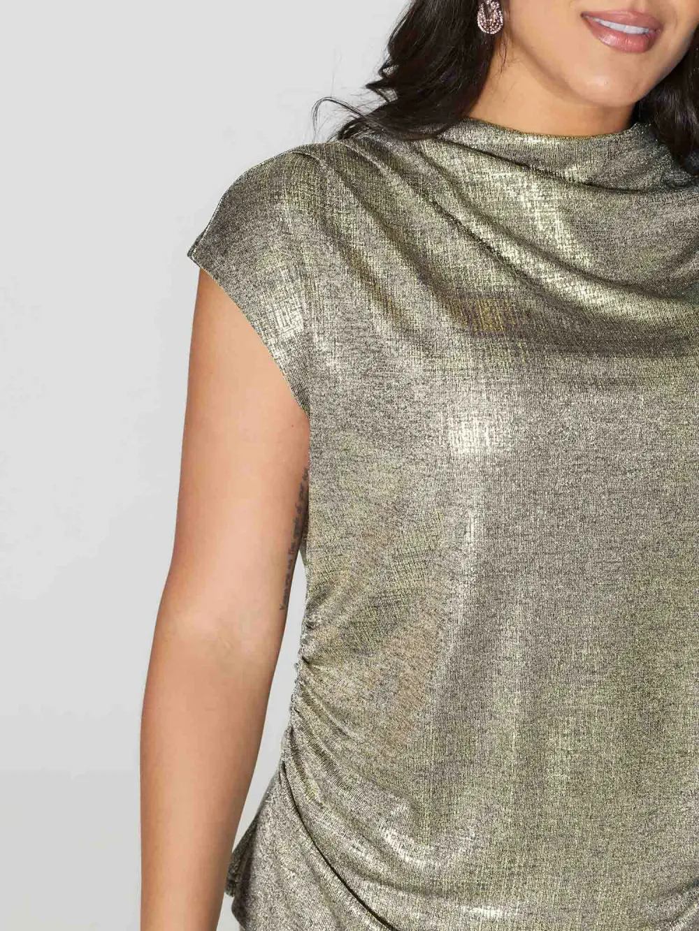Gold Stamp Shimmery Cowl Neck Top