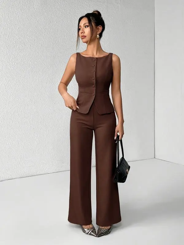 Women's Summer Two-Piece Set – Button Tank Top & Wide Leg Pants
