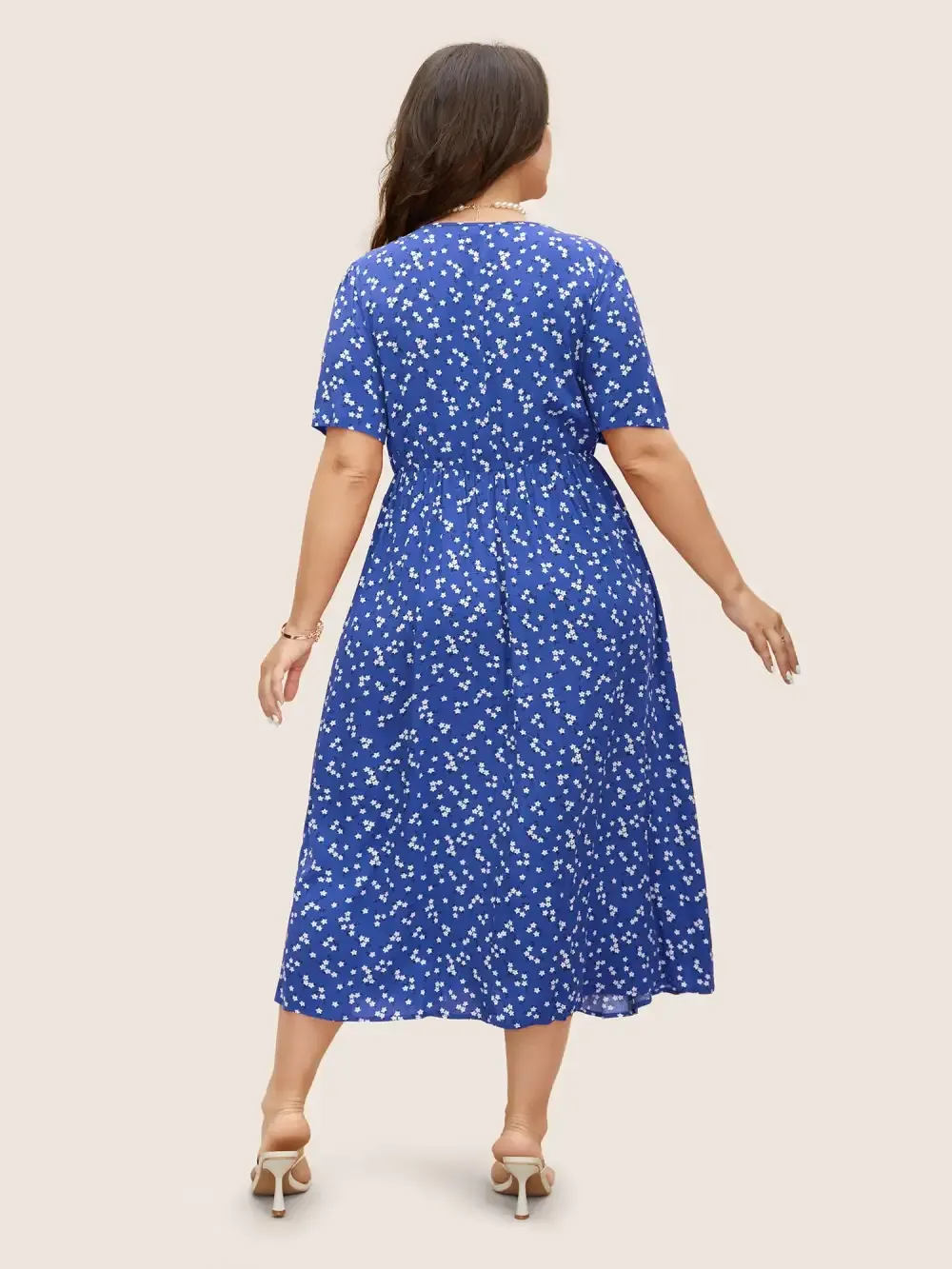 Ditsy Floral Button Detail Elastic Waist Midi Dress