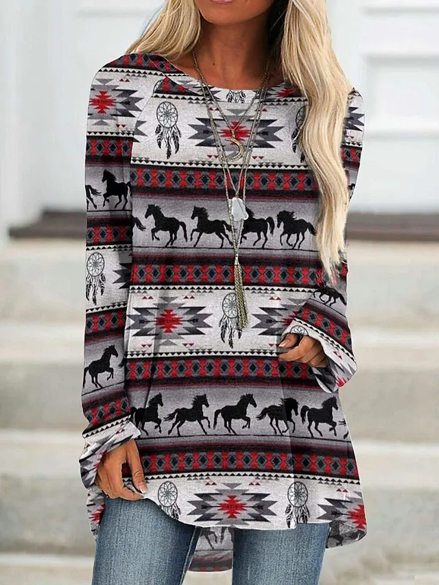 Women's Plus Size T shirt Tee Burgundy Tee Tunic Shirts Marron Yellow Light Green Geometric Plaid Print Long Sleeve Casual Vintage Tunic Ethnic Round Neck Regular Fit Bohemian Theme Geometric Fall