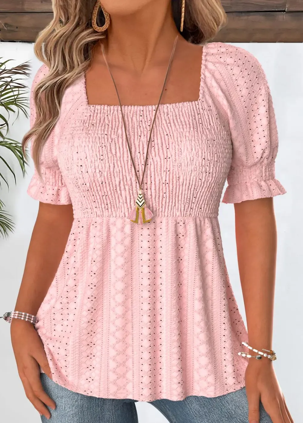 Light Pink Short Sleeve Square Neck Blouse