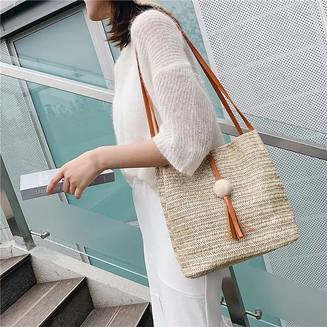 Women's Shoulder Bag Straw Bag Straw Shopping Daily Large Capacity Waterproof Breathable Solid Color Pink Fuchsia Brown