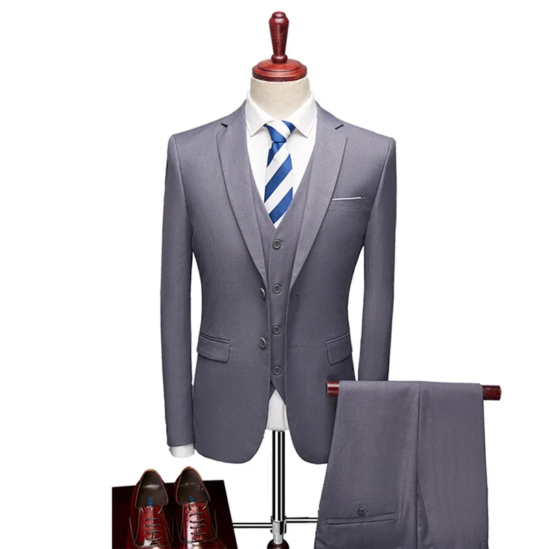 Men's Business Solid Single Breasted Pocket Lapel Collar Lapel Blazer & Vest & Pants 3Pcs Set