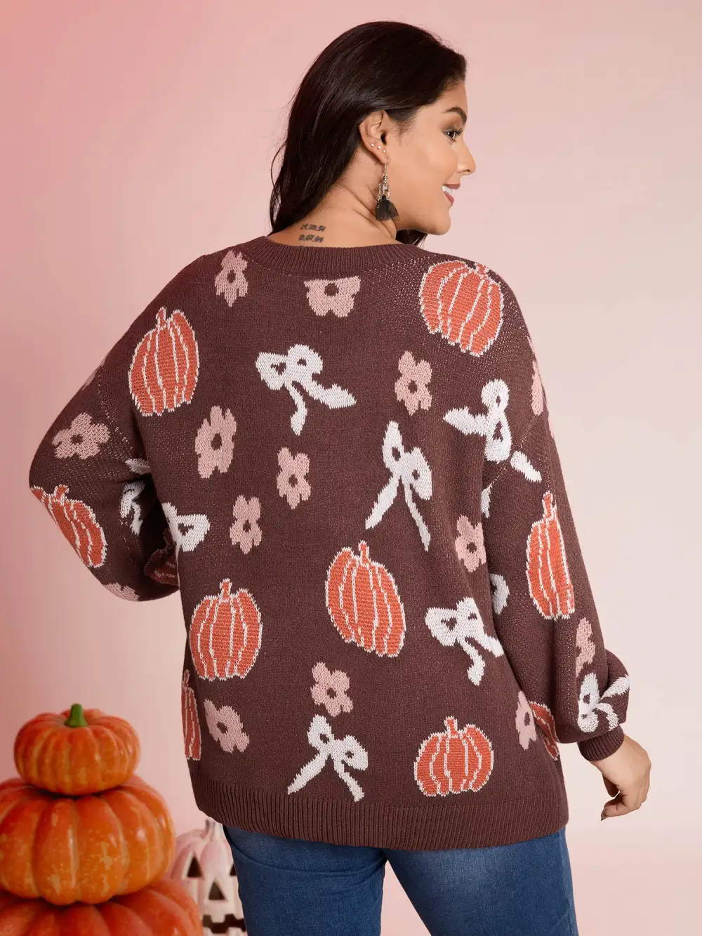 Pumpkin Print Ribbed Hem Pullover