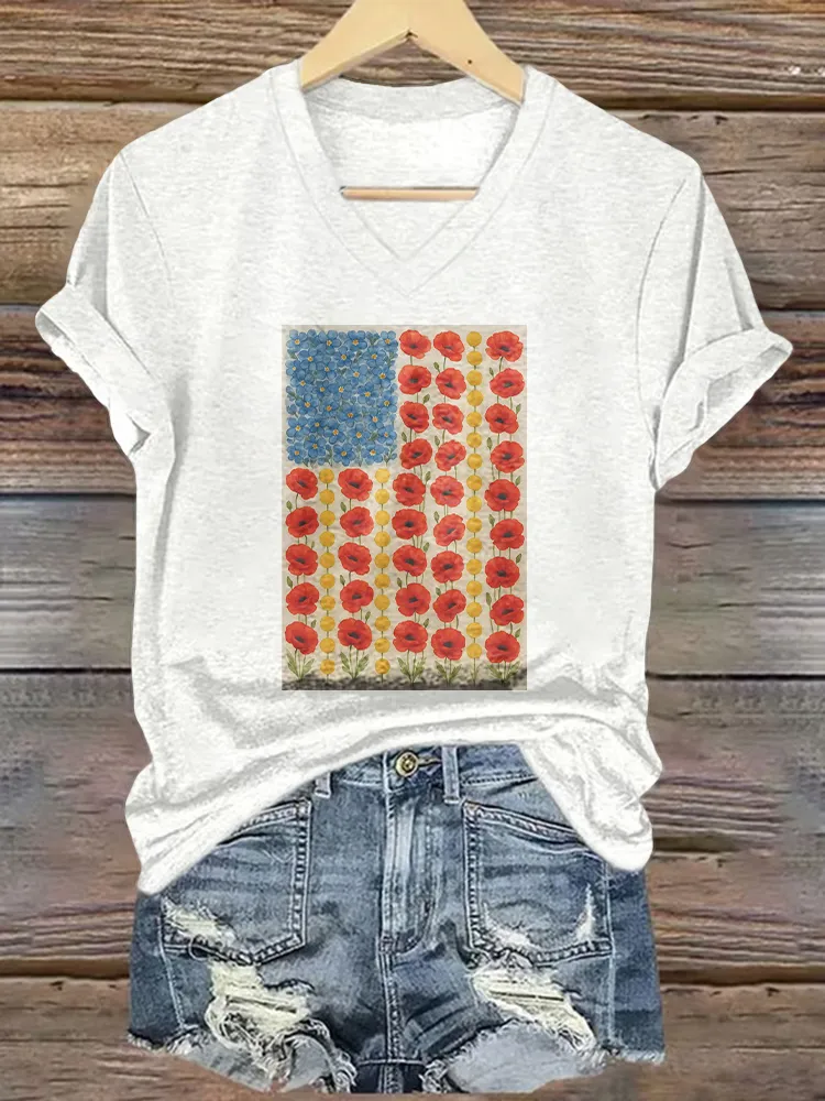 Women'S T-Shirt With Floral Pattern Printed Pure Cotton V-Neck Short-Sleeved T-Shirt