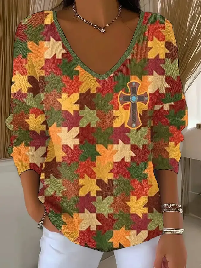 Women's Maple Leaf Art Print Drop Shoulder Sweater