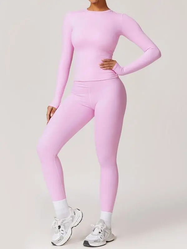 Women's Solid Color Tracksuit Set- Long Sleeve Tee & Leggings