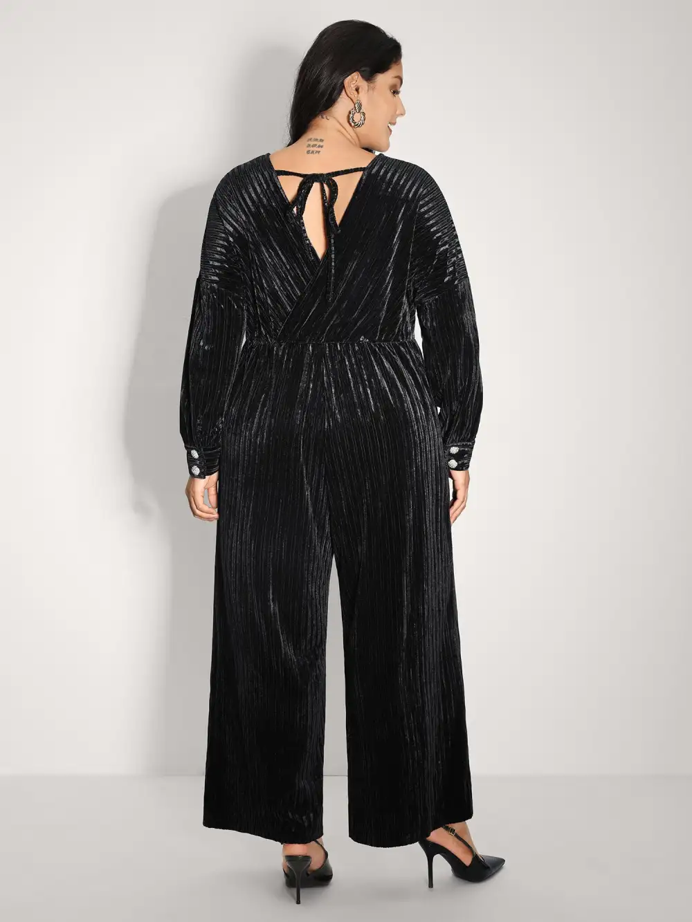 Textured Velvet Sheer Back Pockets Jumpsuit