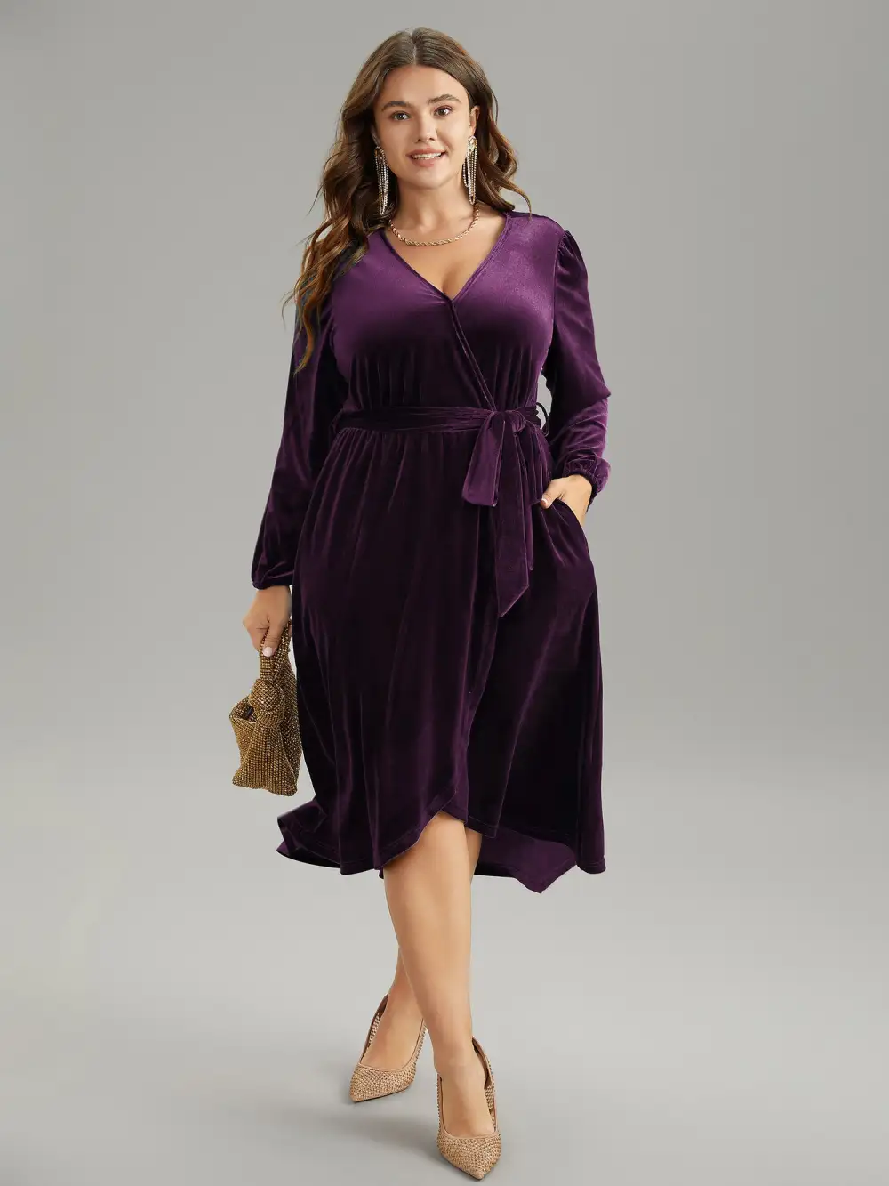 Solid Velvet Belted Wrap Arc Hem Dress