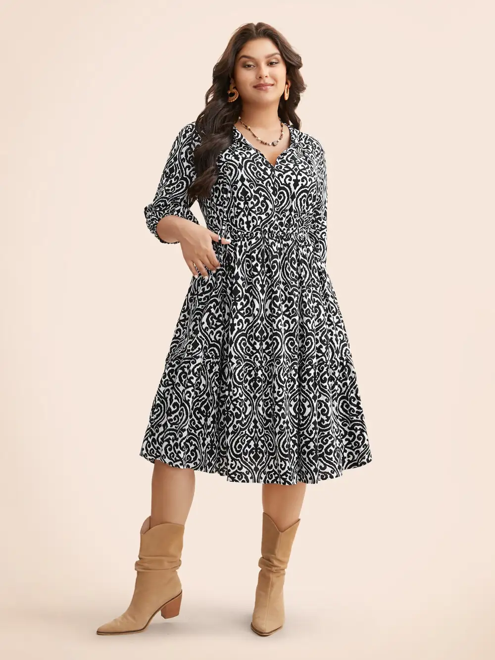 Damask Print Tie Knot Puff Sleeve Dress
