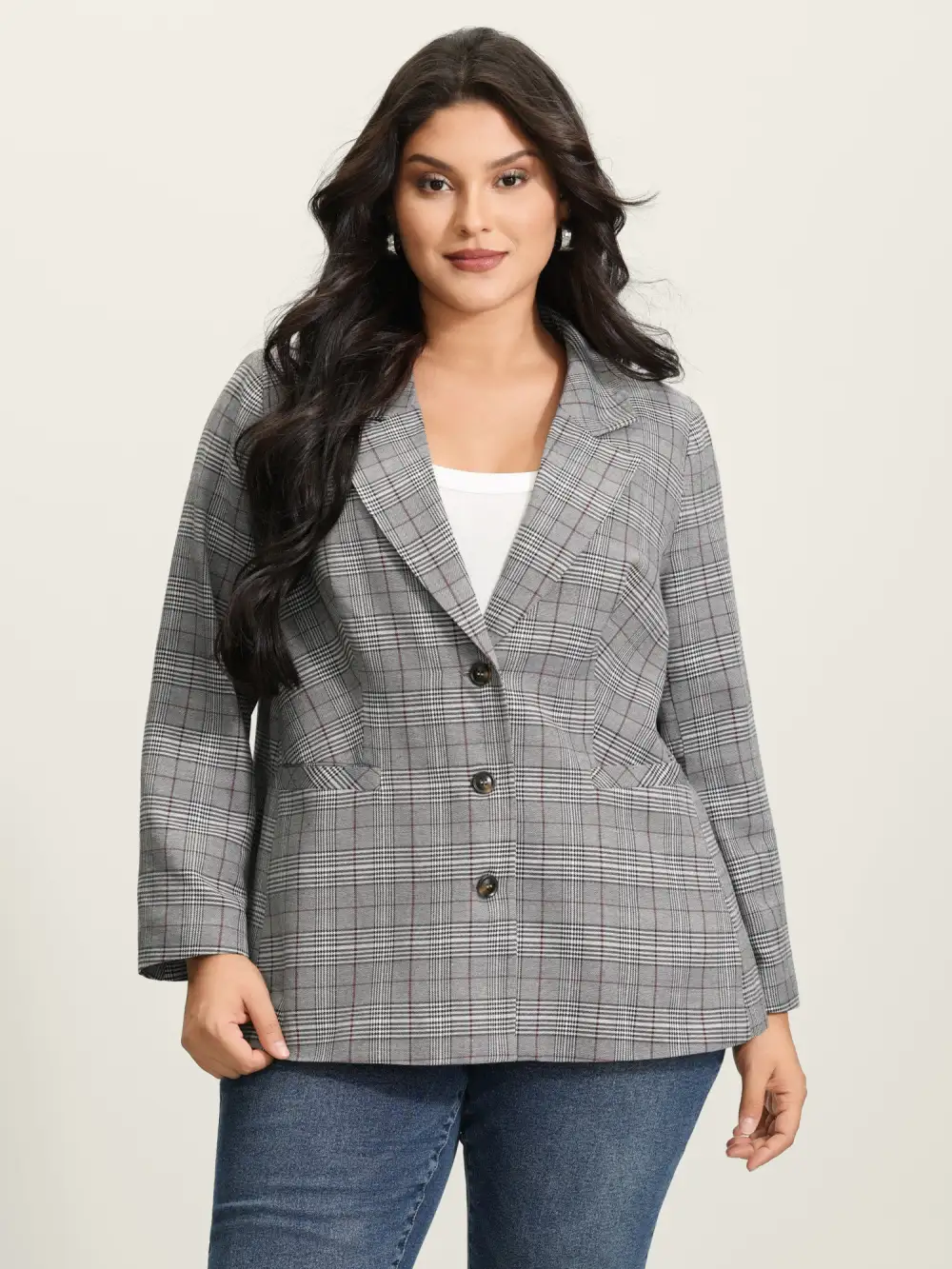 Houndstooth Button Front Pockets Blazer