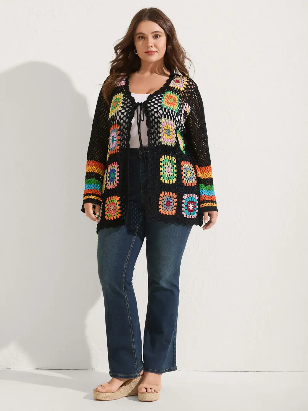 Colorful Floral Crochet Tie Knit Cardigan