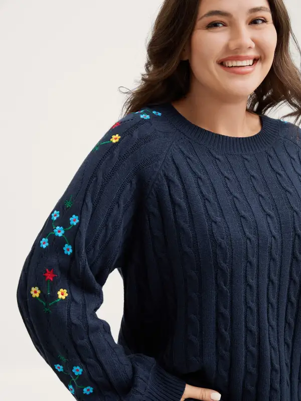 Cable Knit Embroidered Raglan Sleeve Pullover