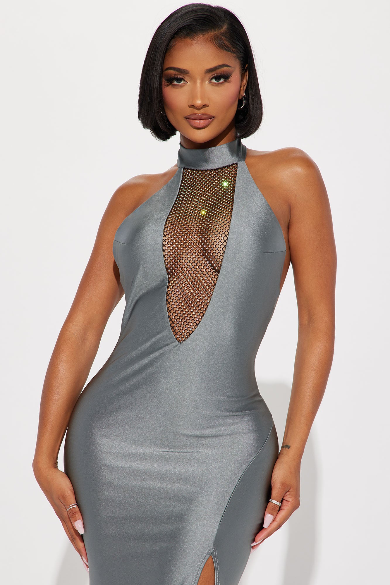 Chelsea Halter Embellished Gown - Silver