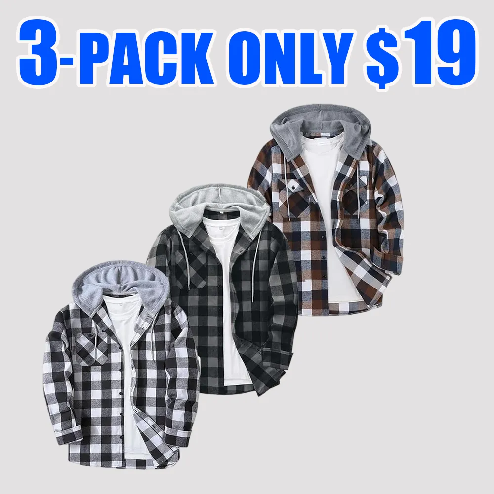 Men’s 3-Pack Flannel Hoodie Shirts – Plaid Button-Down Jackets with Hood & Pockets