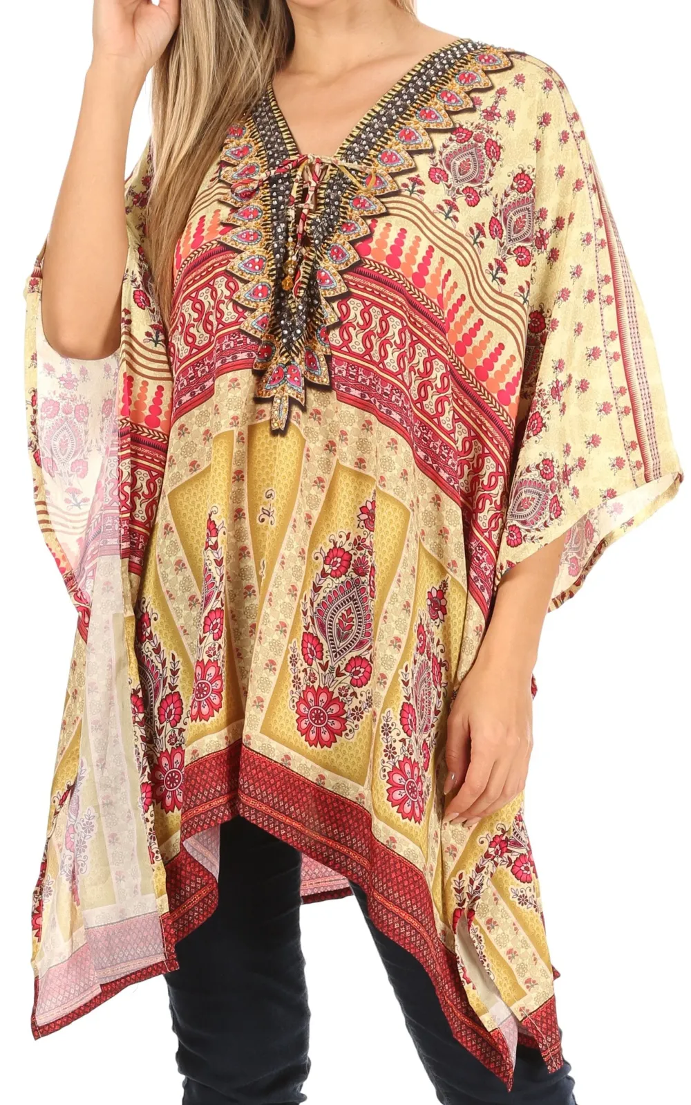 Women's Caftan Poncho Cover up V neck Top Lace up With Rhinestone