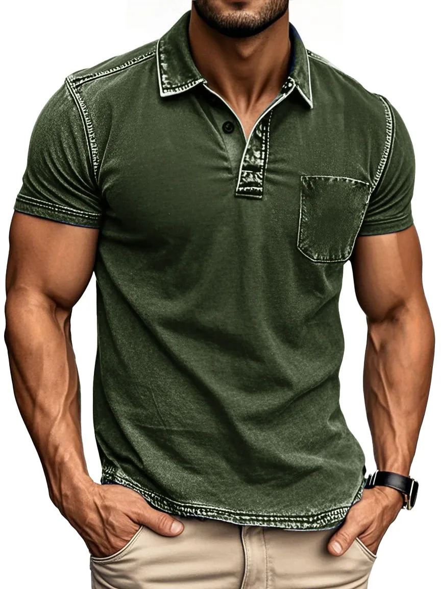 Men's Vintage Outdoor Distressed Short Sleeve Pocket Polo Shirt