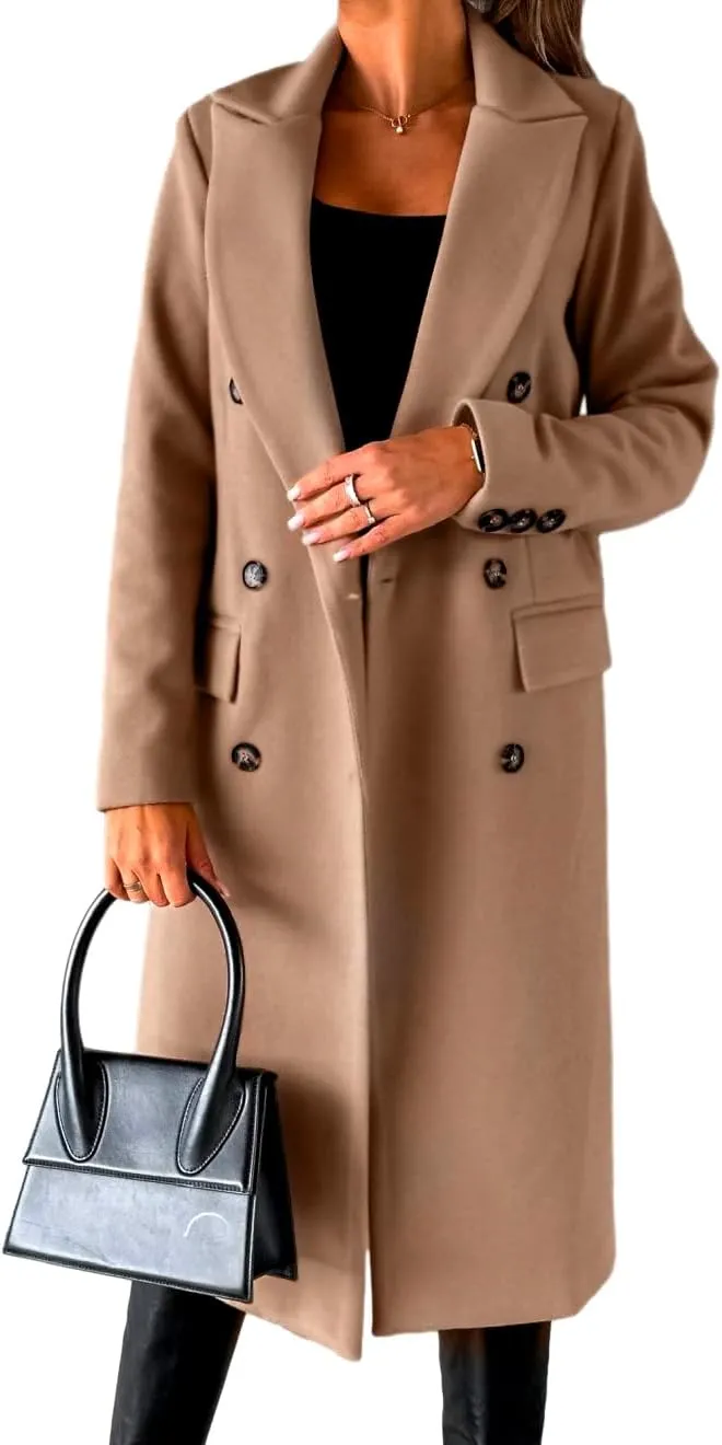 Womens Long Wool Coat Double Breasted Trench Coat Fall Winter Clothes