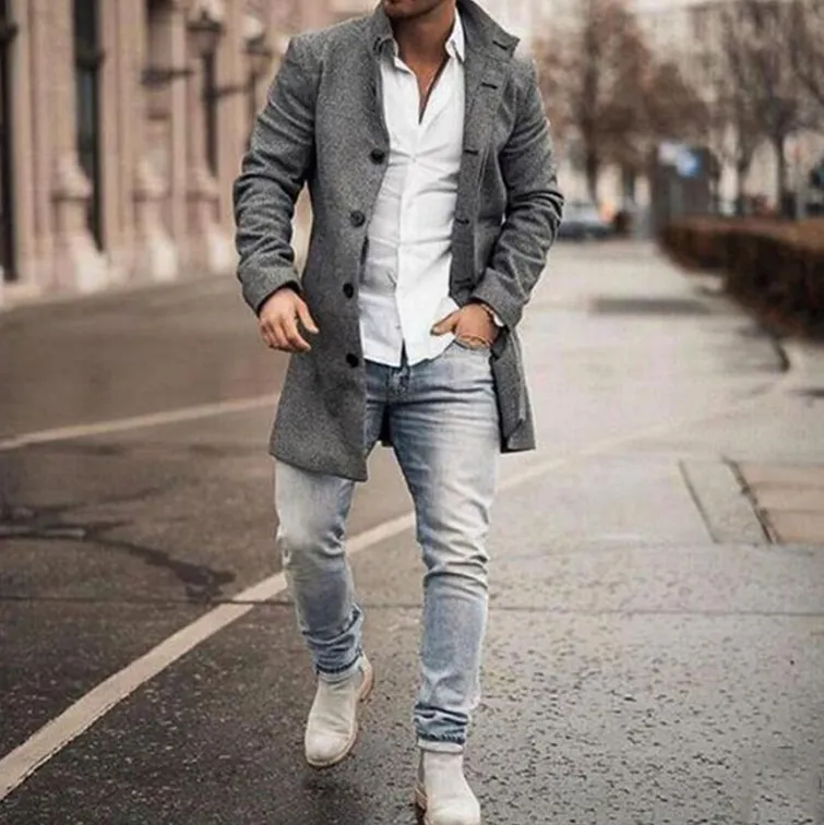 Men's Fashion Loose Jacket Mid Length Wool Coat