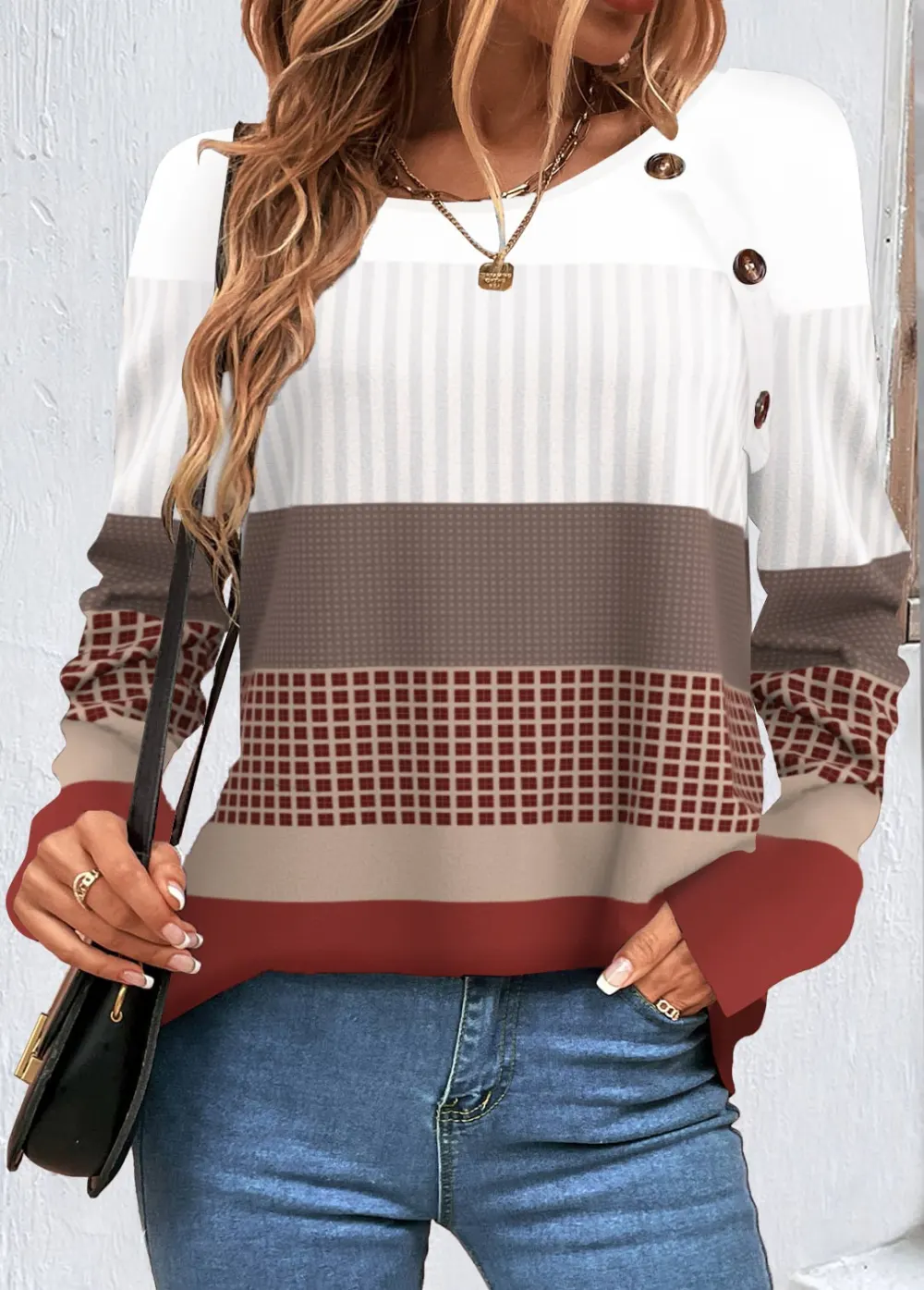 Wine Red Patchwork Geometric Print Long Sleeve Sweatshirt