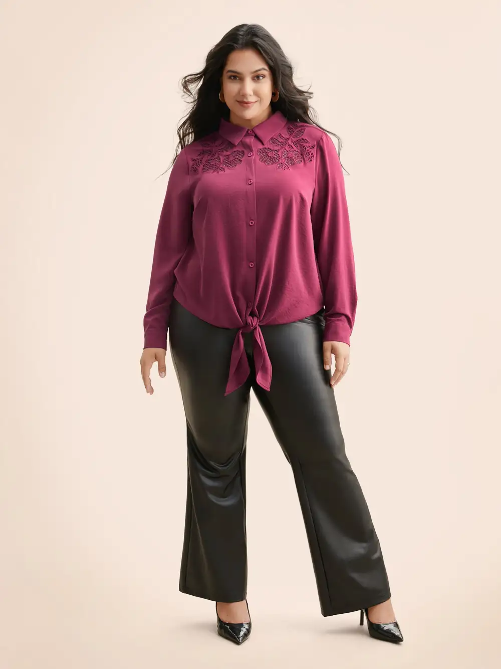 Shirt Collar Broderie Anglaise Tie Knot Blouse