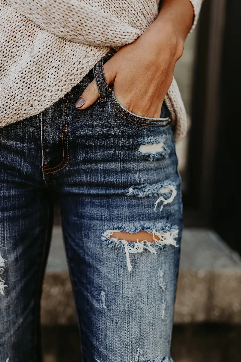 Buttoned Ripped Raw Hem Skinny Jeans