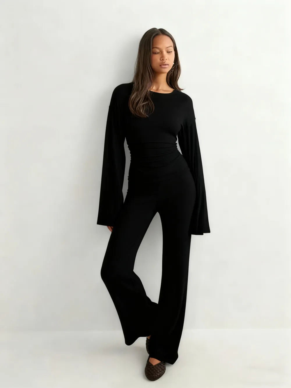 Women's Fall New Round Neck Flare Long Sleeve Top & Elastic Waist Straight Leg Pants Set