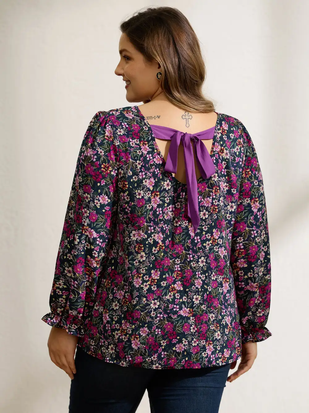 Floral Print Back Bowknot Blouse