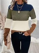 Women's Sweater Pullover Sweater Jumper Casual Soft Striped Ribbed Crew Neck Knitted Long Sleeve Regular Tops Knit Outdoor Daily Weekend Camel Apricot Fall Winter