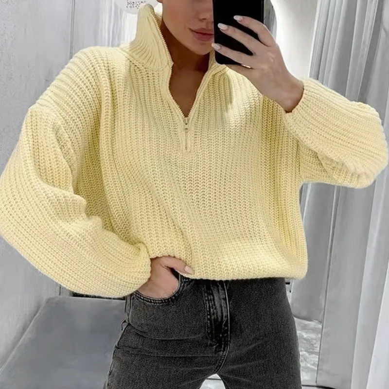 Zipper half turtleneck loose casual sweater