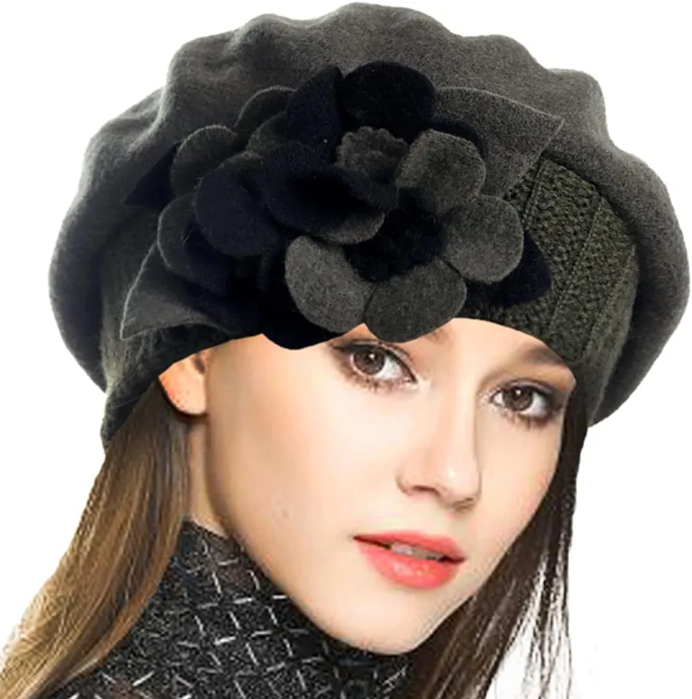 Lady French Beret 100% Wool Beret Floral Dress Beanie Winter Hat