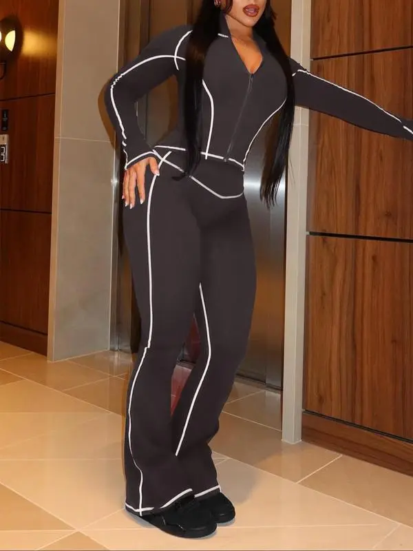 Women's Fall/Winter 2-Piece Set: Striped Zip-Up Jacket + High-Waist Pants (Long-Sleeve)