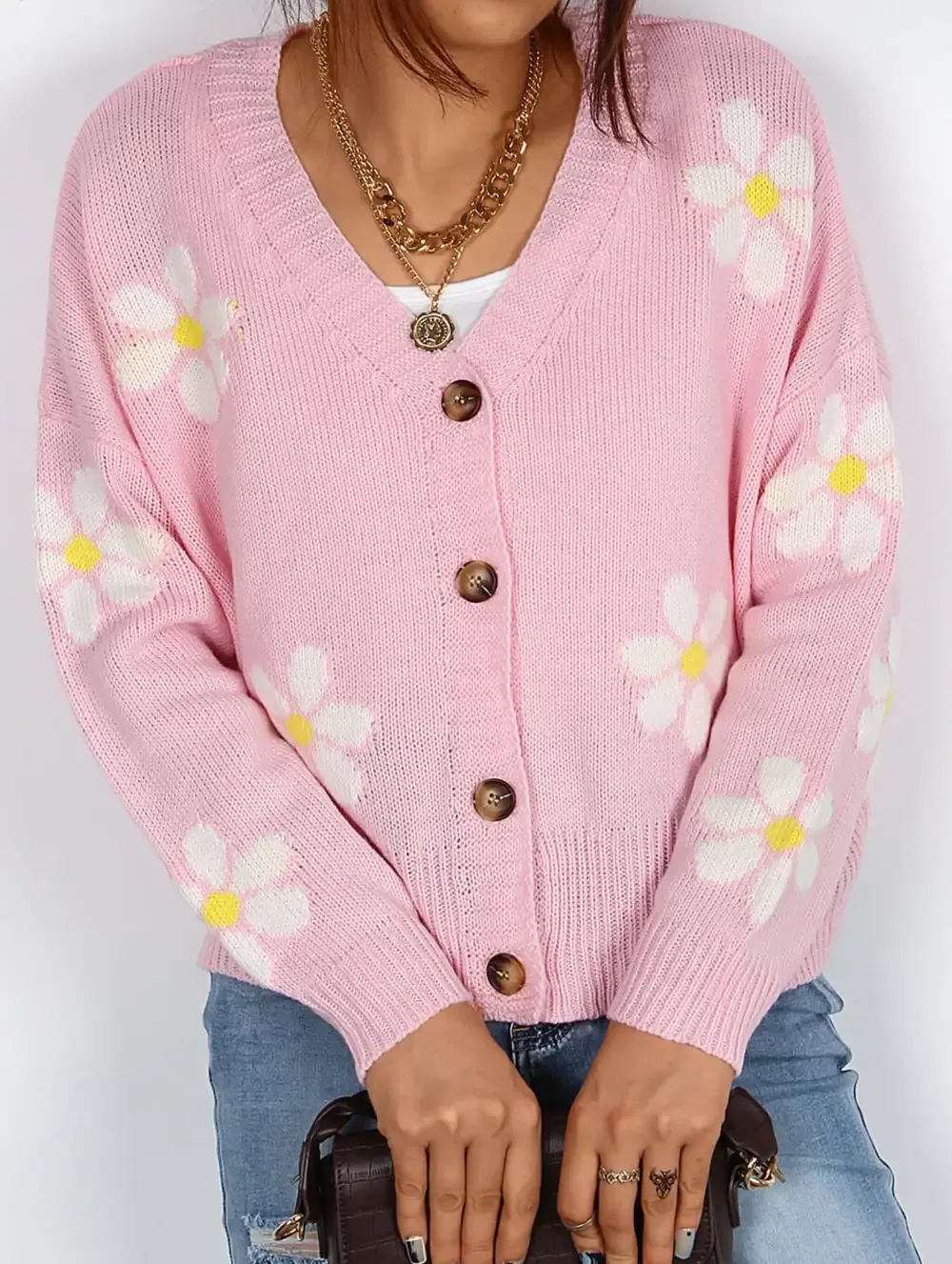 Fall Floral Button Varsity Sweater Jacket