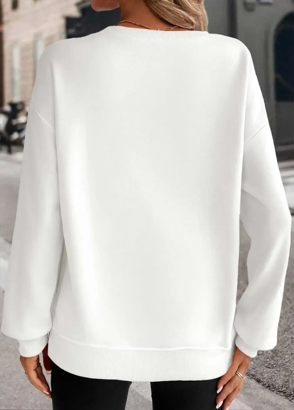 White Long Sleeve Round Neck Sweatshirt