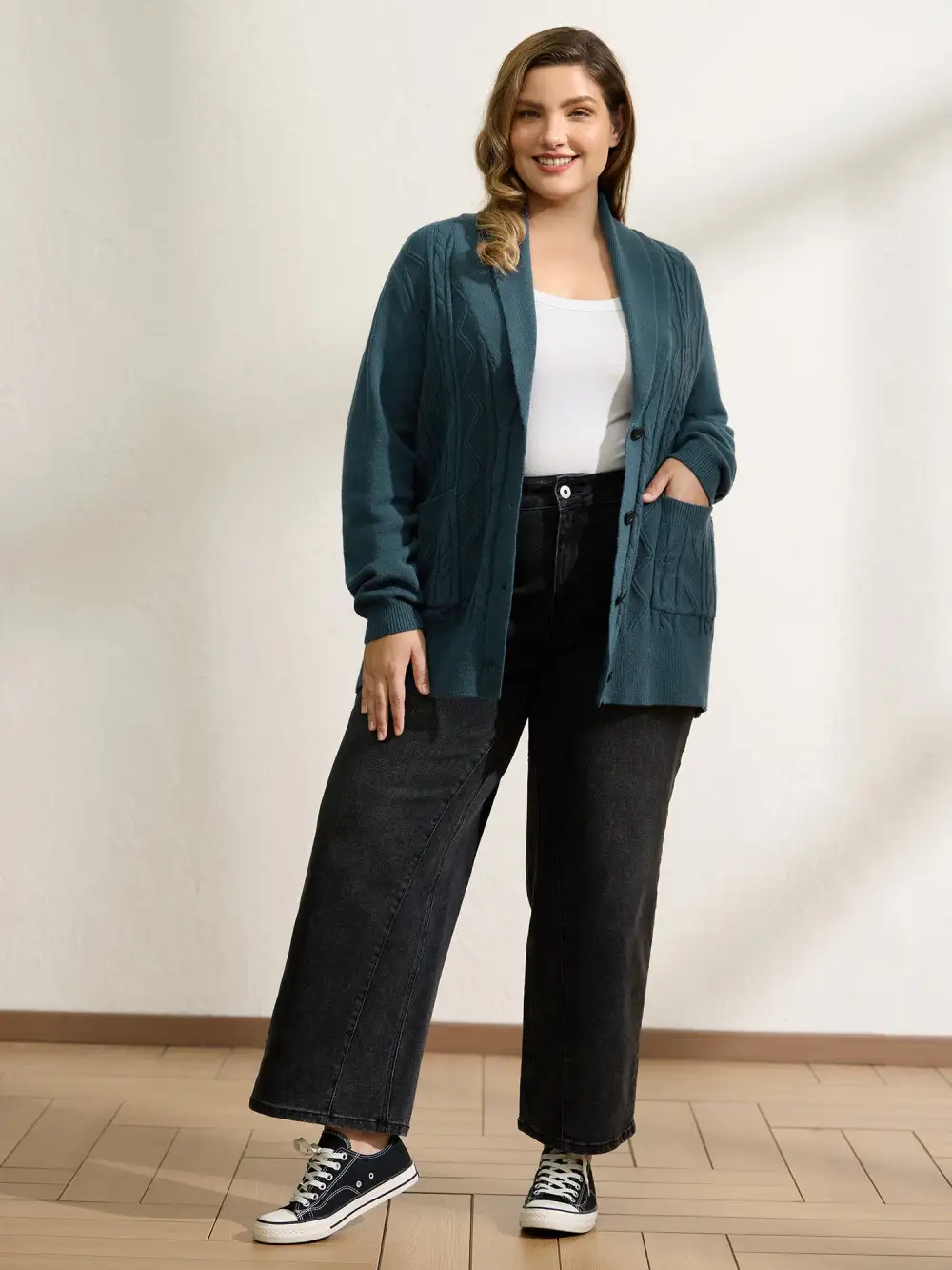 Cable Knit Pockets Shawl Collar Knit Cardigan