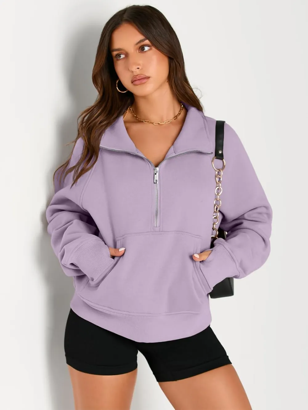 Womens Sweatshirts Half Zip Cropped Pullover Fleece Quarter Zipper Hoodies Fall outfits Clothes Thumb Hole