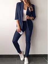 Women's Fashion Formal Blazer Suits Half Sleeve Solid Color Drawstring Work Business Dark Grey Black Dusty Rose Spring &  Fall Regular Fit