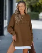 Long Sleeve Pullover Sweatshirt Zipper Slit Casual Dress
