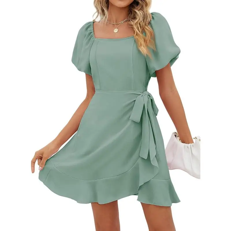 Womens Summer Dresses Square Neck Puff Sleeve Tie Waist Short Dress