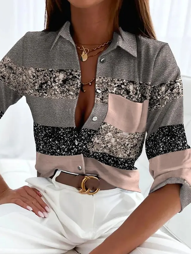 Women's Shirt Blouse Color Block Button Print Casual Basic Long Sleeve Shirt Collar Black Spring Fall