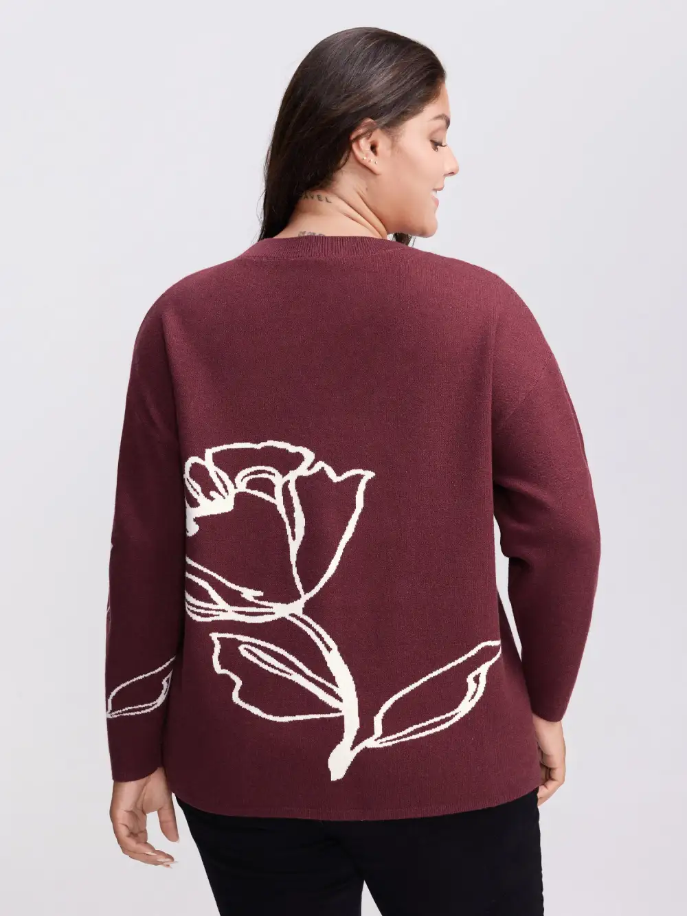 Rose Pattern Jacquard Round Neck Pullover